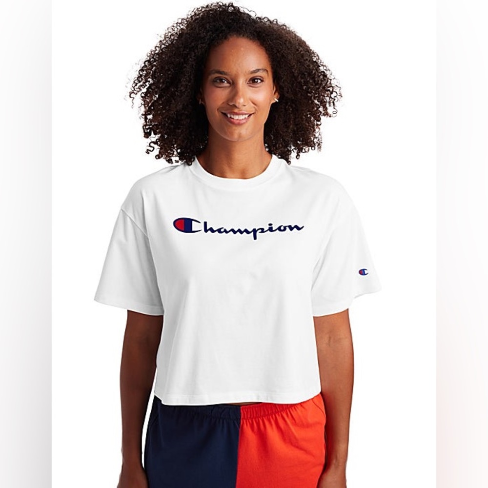 Women’s Champion White Cropped Tee, Script Logo in Blue, Size Medium